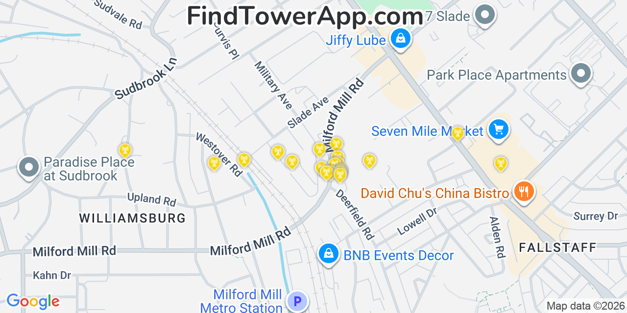 Map showing the 20 primary cell tower locations detected in Pikesville, Maryland from AT&T, Verizon, and T-Mobile networks