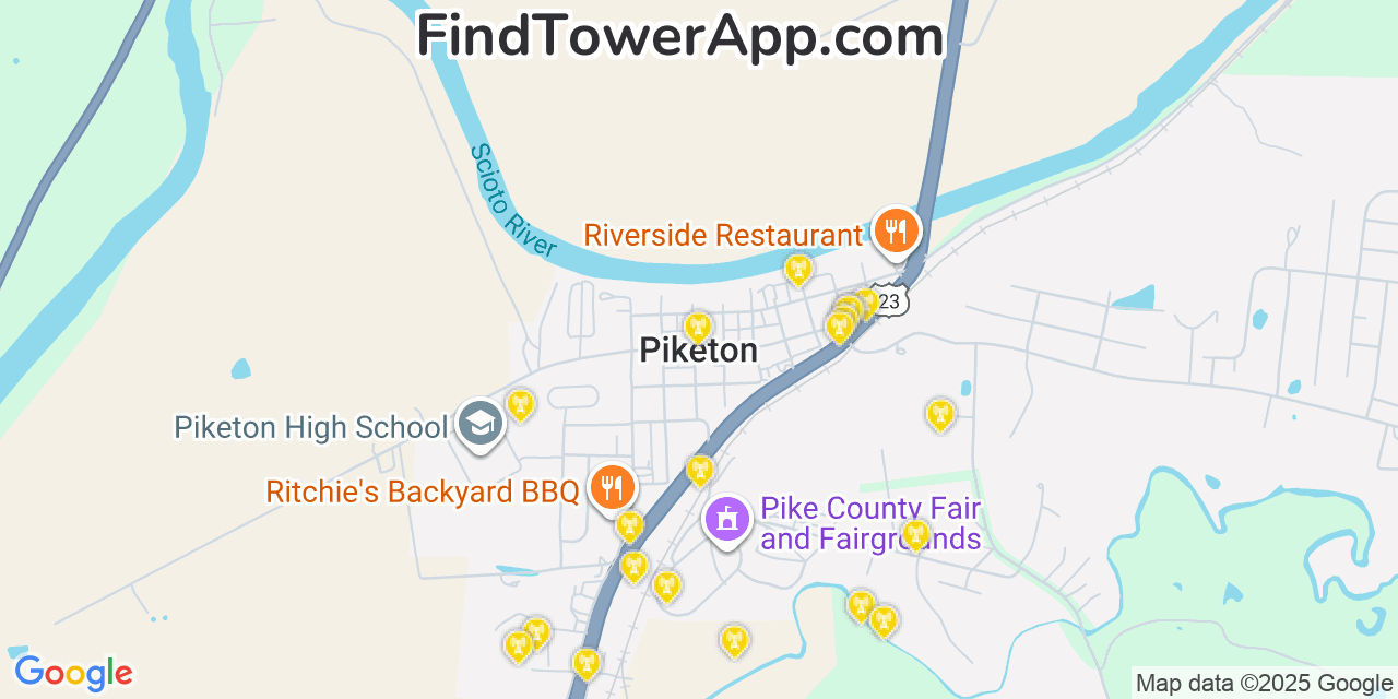 Map showing the 20 primary cell tower locations detected in Piketon, Ohio from AT&T, Verizon, and T-Mobile networks