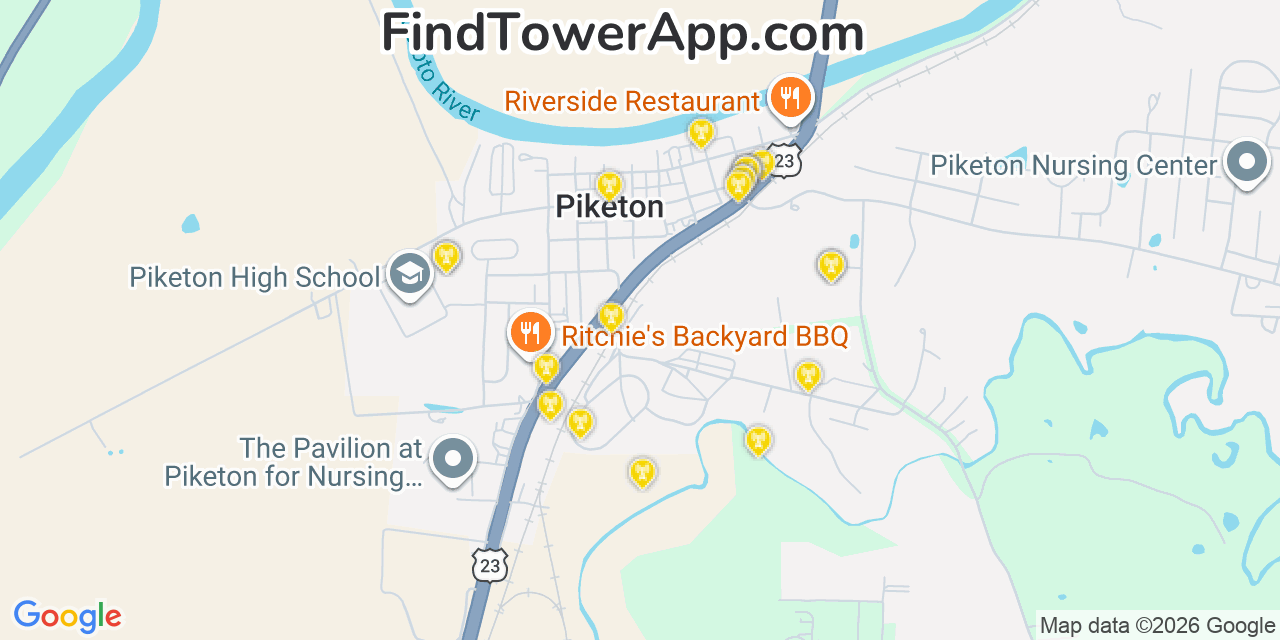 Map showing the 20 primary cell tower locations detected in Piketon, Ohio from AT&T, Verizon, and T-Mobile networks