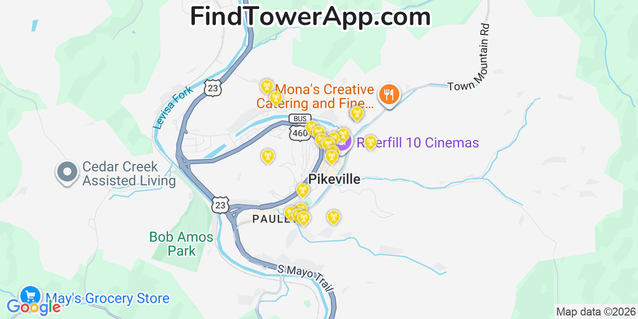 Map showing the 20 primary cell tower locations detected in Pikeville, Kentucky from AT&T, Verizon, and T-Mobile networks
