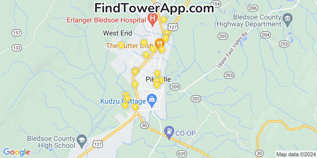 AT&T 4G/5G cell tower coverage map Pikeville, Tennessee