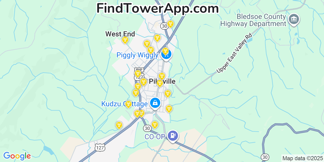 Map showing the 20 primary cell tower locations detected in Pikeville, Tennessee from AT&T, Verizon, and T-Mobile networks