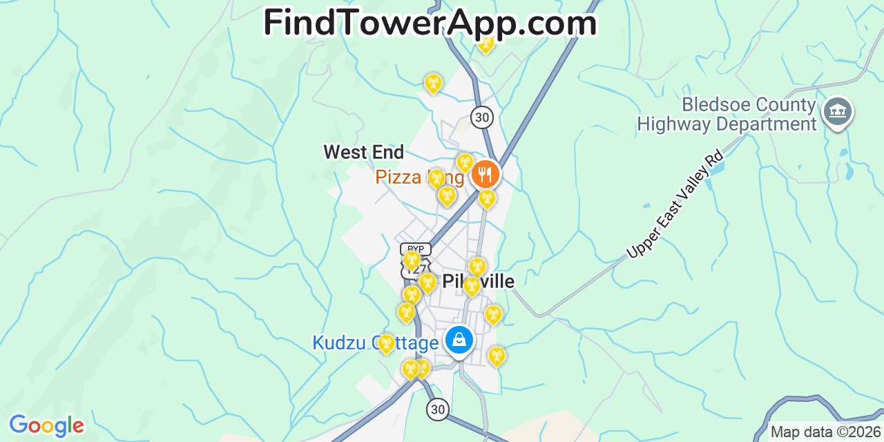 Map showing the 20 primary cell tower locations detected in Pikeville, Tennessee from AT&T, Verizon, and T-Mobile networks