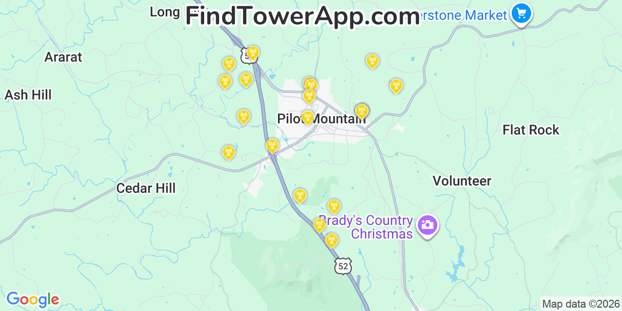 Map showing the 20 primary cell tower locations detected in Pilot Mountain, North Carolina from AT&T, Verizon, and T-Mobile networks