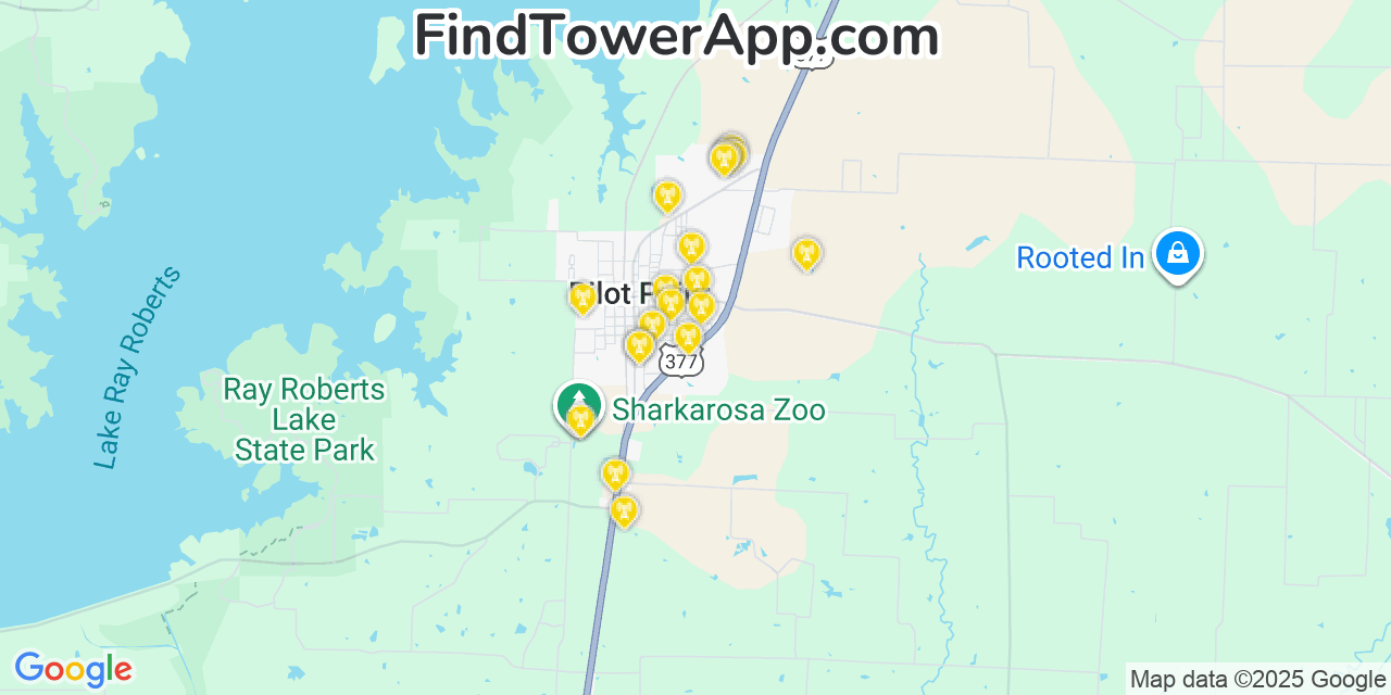Map showing the 20 primary cell tower locations detected in Pilot Point, Texas from AT&T, Verizon, and T-Mobile networks