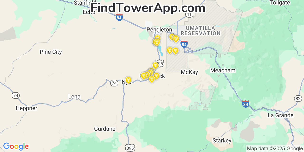 Map showing the 20 primary cell tower locations detected in Pilot Rock, Oregon from AT&T, Verizon, and T-Mobile networks