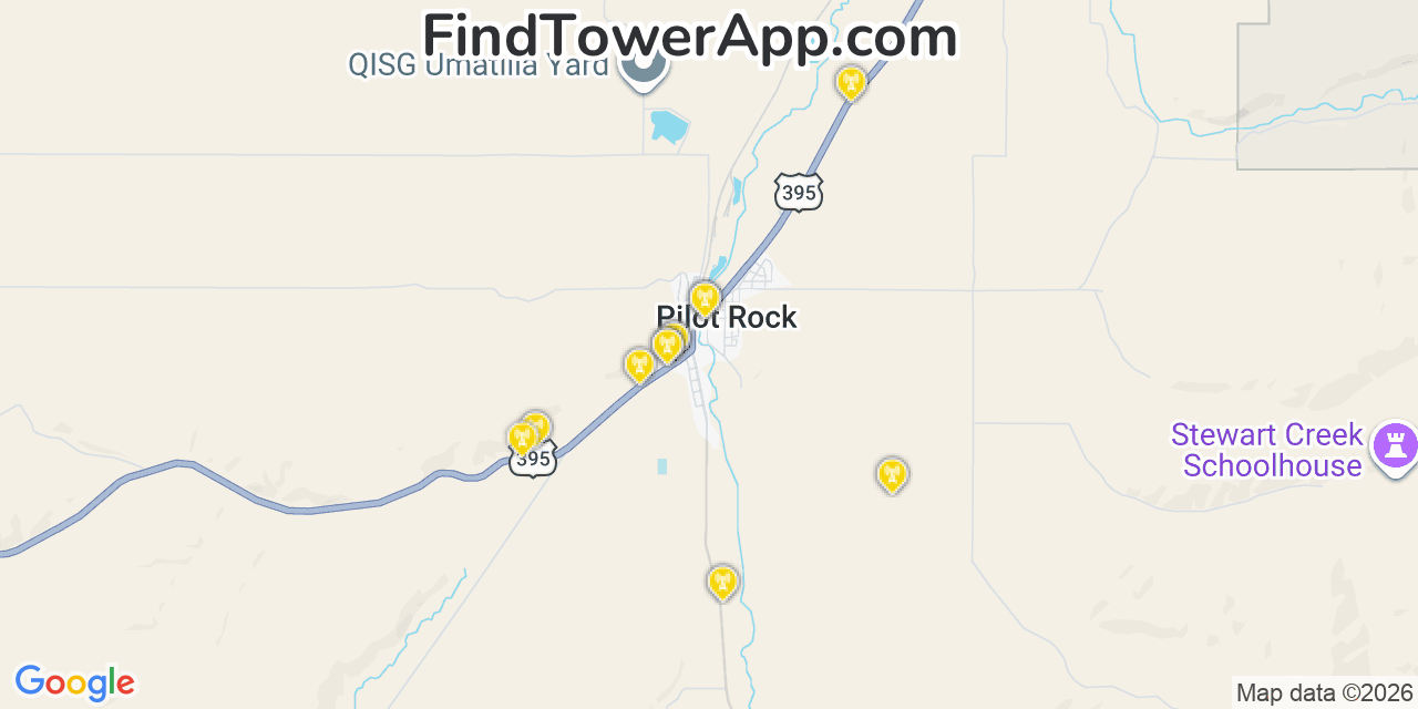 Map showing the 20 primary cell tower locations detected in Pilot Rock, Oregon from AT&T, Verizon, and T-Mobile networks