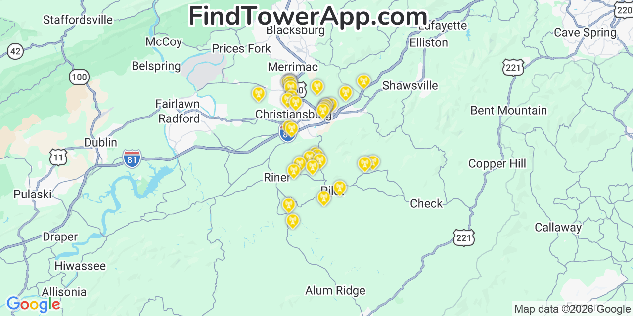 Map showing the 35 primary AT&T cell tower locations detected in Pilot, Virginia with coverage radius and signal strength indicators