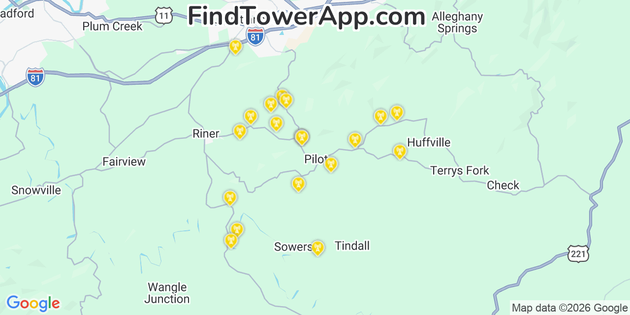 Map showing the 20 primary cell tower locations detected in Pilot, Virginia from AT&T, Verizon, and T-Mobile networks