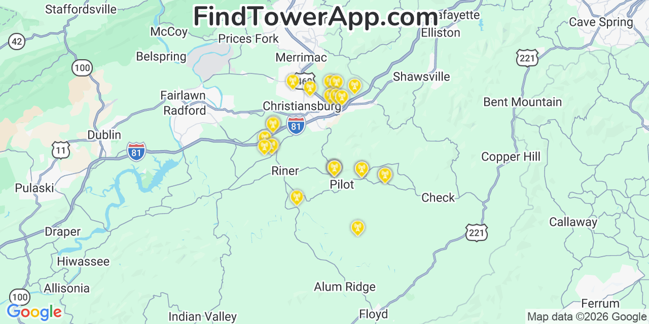 Map showing the 26 primary T-Mobile cell tower locations detected in Pilot, Virginia with coverage radius and signal strength indicators