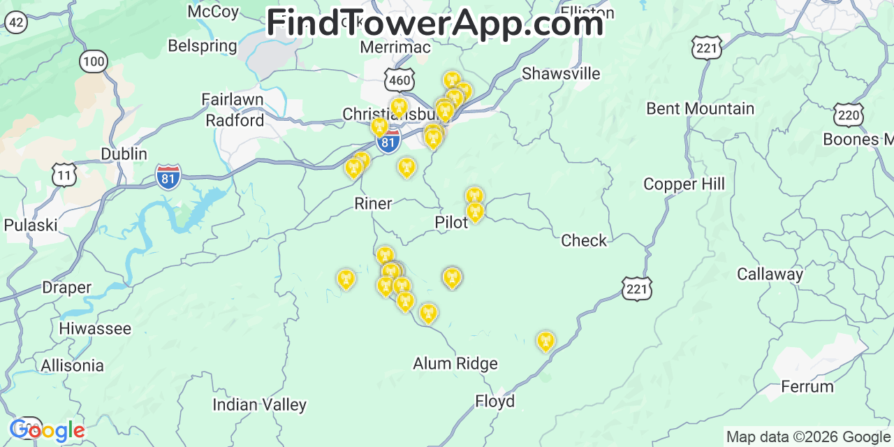 Map showing the 29 primary Verizon cell tower locations detected in Pilot, Virginia with coverage radius and signal strength indicators