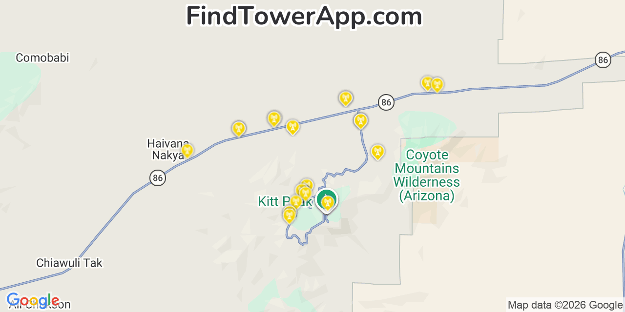 Map showing the 20 primary cell tower locations detected in Pima, Arizona from AT&T, Verizon, and T-Mobile networks