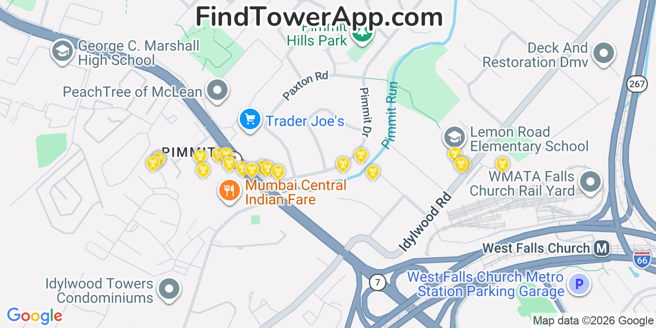Map showing the 20 primary cell tower locations detected in Pimmit Hills, Virginia from AT&T, Verizon, and T-Mobile networks