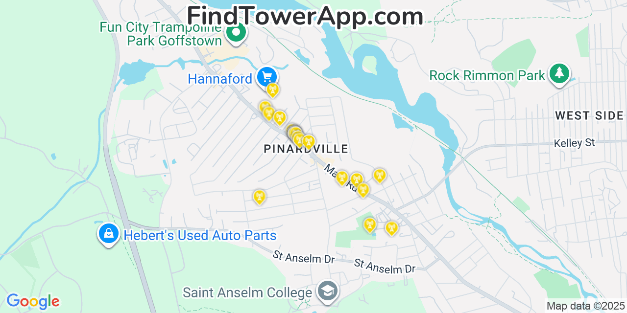 Map showing the 20 primary cell tower locations detected in Pinardville, New Hampshire from AT&T, Verizon, and T-Mobile networks