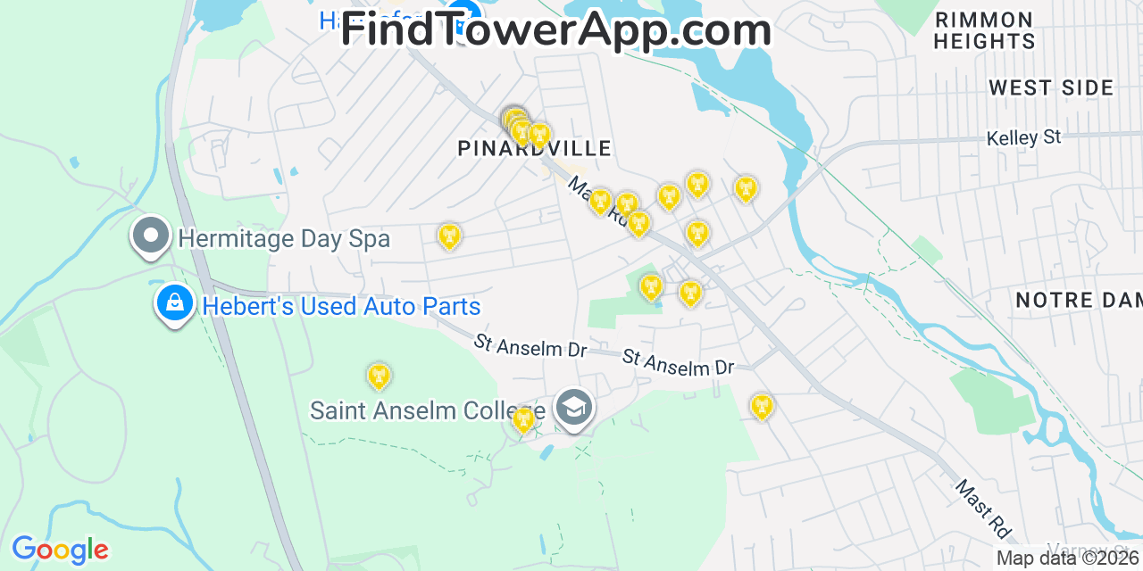 Map showing the 20 primary cell tower locations detected in Pinardville, New Hampshire from AT&T, Verizon, and T-Mobile networks