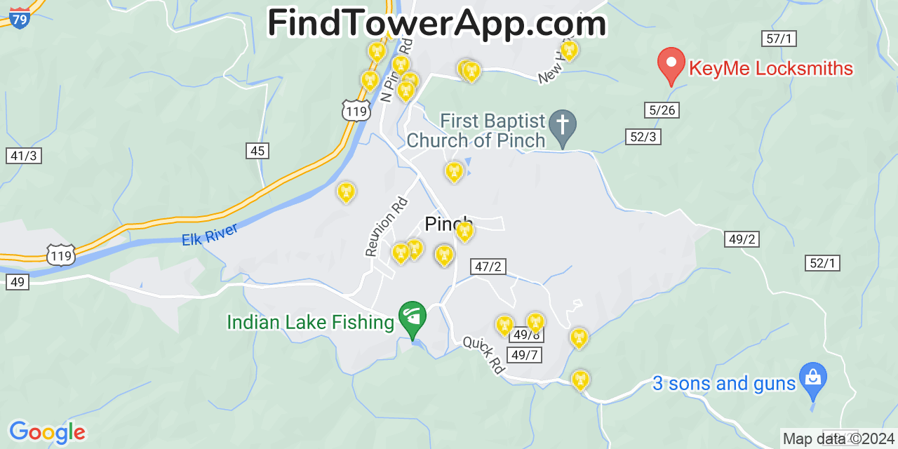 AT&T 4G/5G cell tower coverage map Pinch, West Virginia