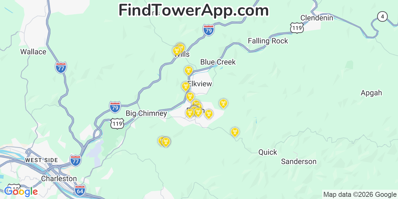 Map showing the 20 primary cell tower locations detected in Pinch, West Virginia from AT&T, Verizon, and T-Mobile networks