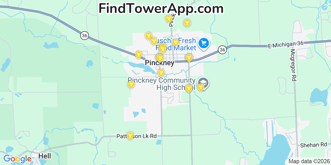 Map showing the 20 primary cell tower locations detected in Pinckney, Michigan from AT&T, Verizon, and T-Mobile networks