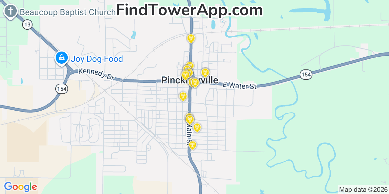 Map showing the 20 primary cell tower locations detected in Pinckneyville, Illinois from AT&T, Verizon, and T-Mobile networks