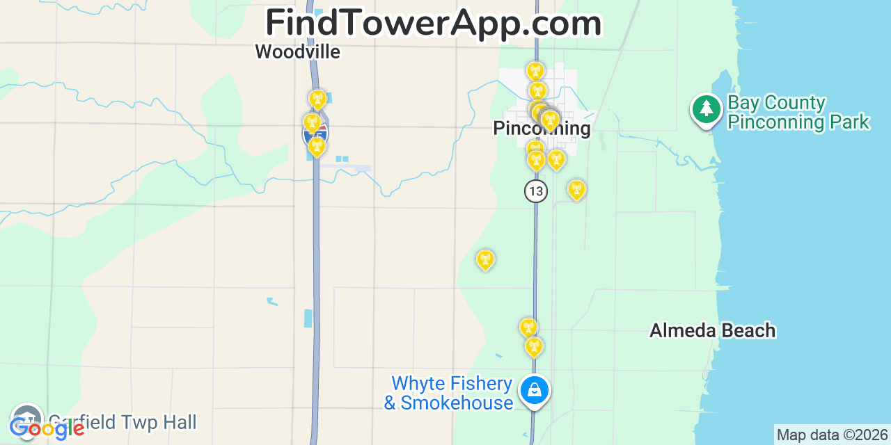Map showing the 20 primary cell tower locations detected in Pinconning, Michigan from AT&T, Verizon, and T-Mobile networks
