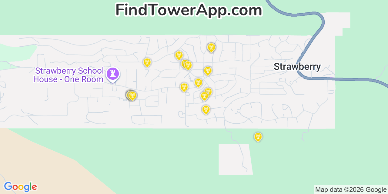Map showing the 20 primary cell tower locations detected in Pine, Arizona from AT&T, Verizon, and T-Mobile networks