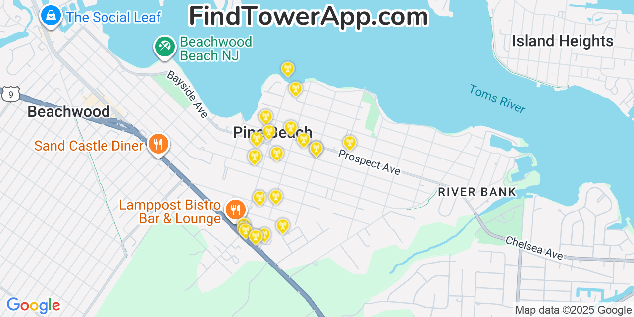 Map showing the 20 primary cell tower locations detected in Pine Beach, New Jersey from AT&T, Verizon, and T-Mobile networks