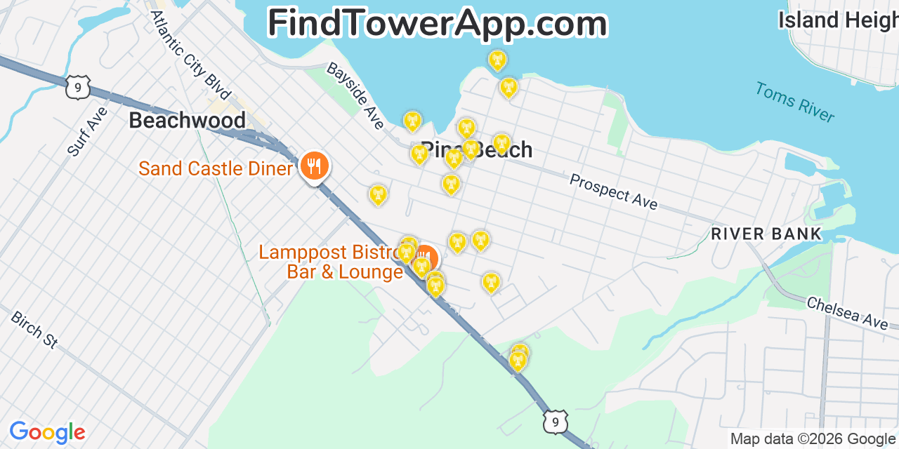 Map showing the 20 primary cell tower locations detected in Pine Beach, New Jersey from AT&T, Verizon, and T-Mobile networks