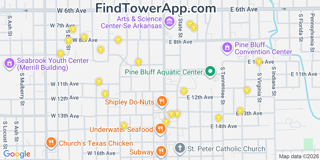 Map showing the 20 primary cell tower locations detected in Pine Bluff, Arkansas from AT&T, Verizon, and T-Mobile networks