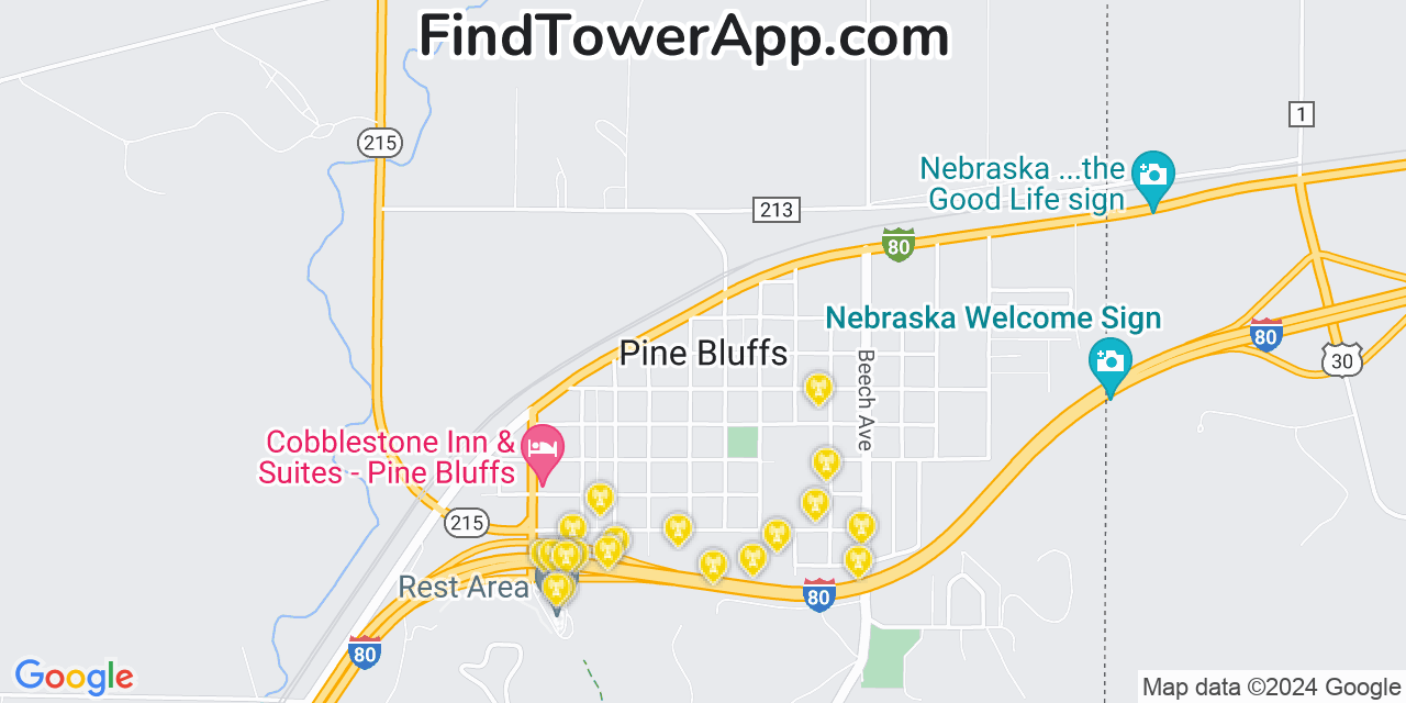 AT&T 4G/5G cell tower coverage map Pine Bluffs, Wyoming