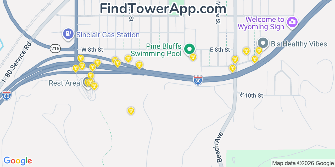 Map showing the 20 primary cell tower locations detected in Pine Bluffs, Wyoming from AT&T, Verizon, and T-Mobile networks