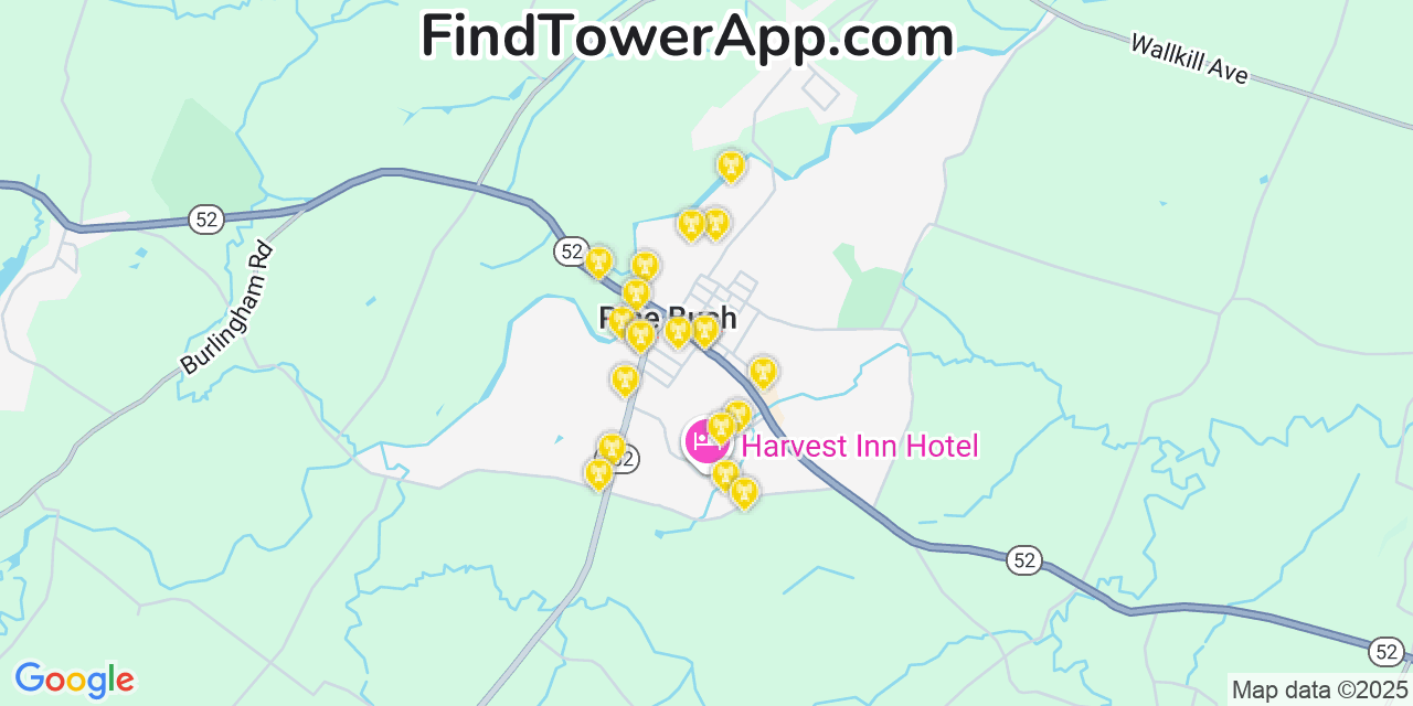 Map showing the 20 primary cell tower locations detected in Pine Bush, New York from AT&T, Verizon, and T-Mobile networks