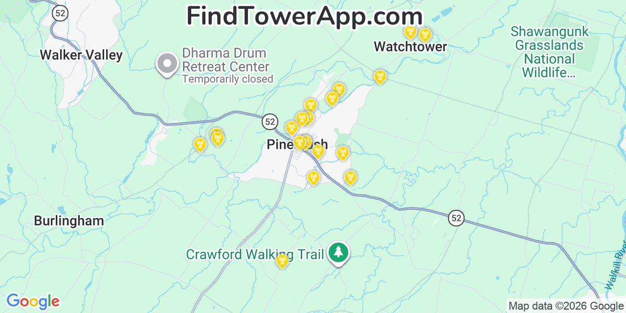 Map showing the 20 primary cell tower locations detected in Pine Bush, New York from AT&T, Verizon, and T-Mobile networks
