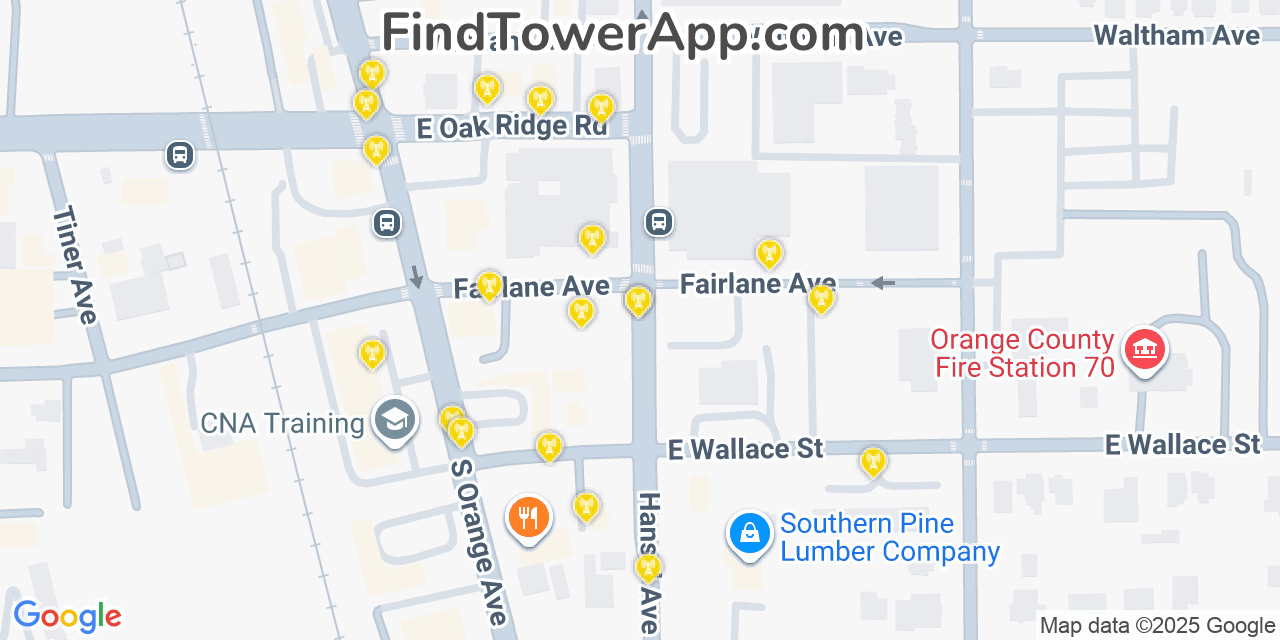 Map showing the 20 primary cell tower locations detected in Pine Castle, Florida from AT&T, Verizon, and T-Mobile networks