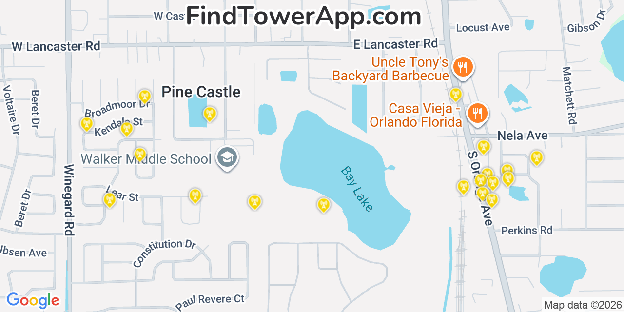 Map showing the 20 primary cell tower locations detected in Pine Castle, Florida from AT&T, Verizon, and T-Mobile networks