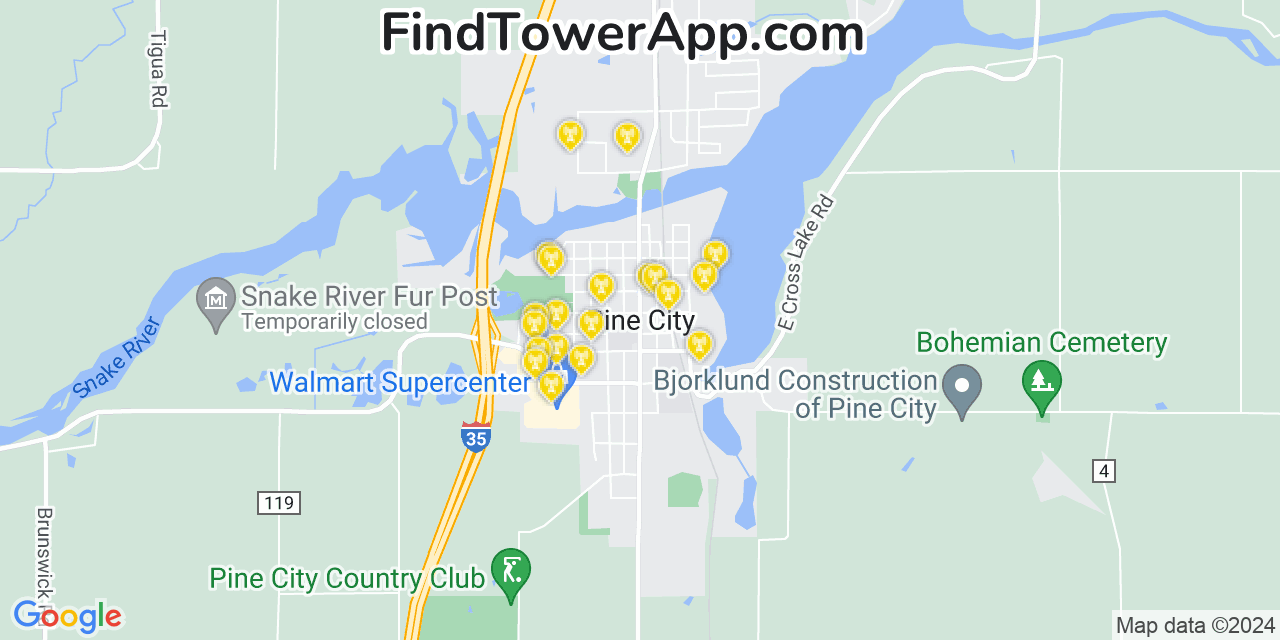 AT&T 4G/5G cell tower coverage map Pine City, Minnesota