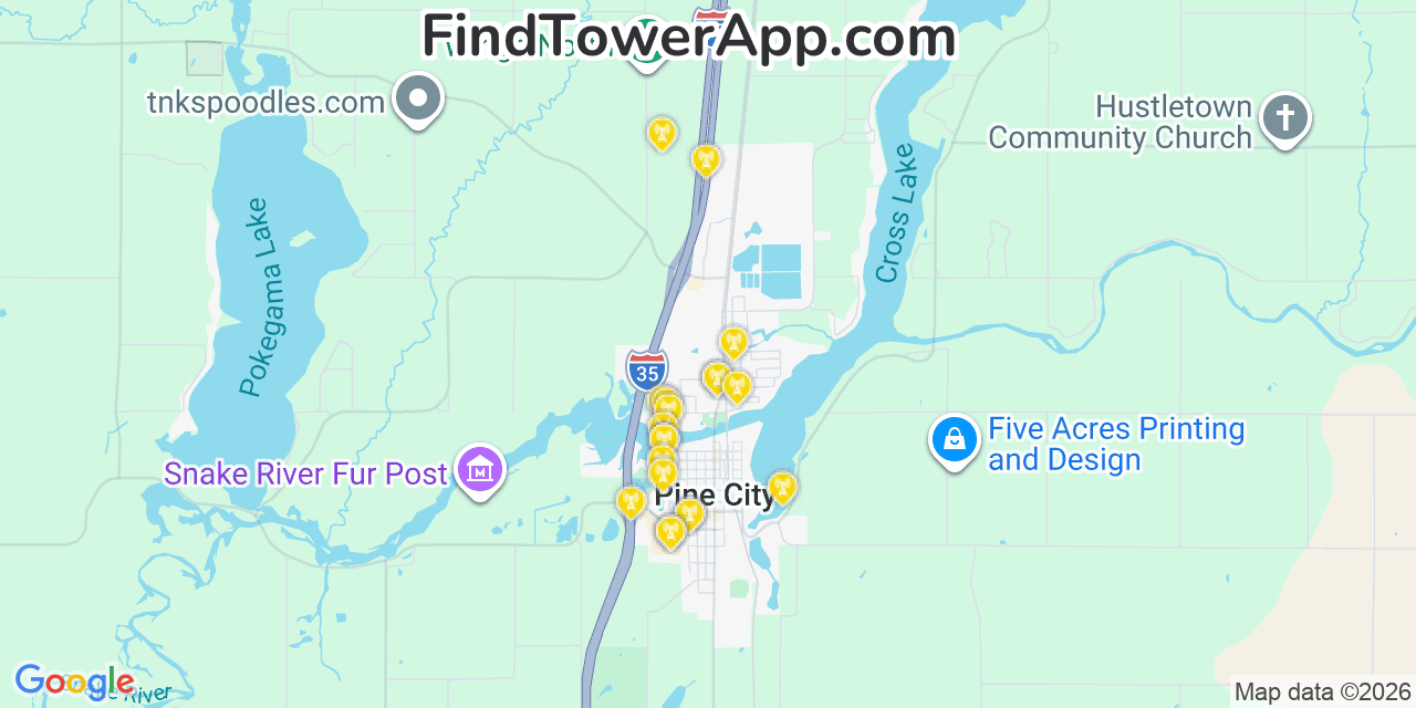 Map showing the 20 primary cell tower locations detected in Pine City, Minnesota from AT&T, Verizon, and T-Mobile networks