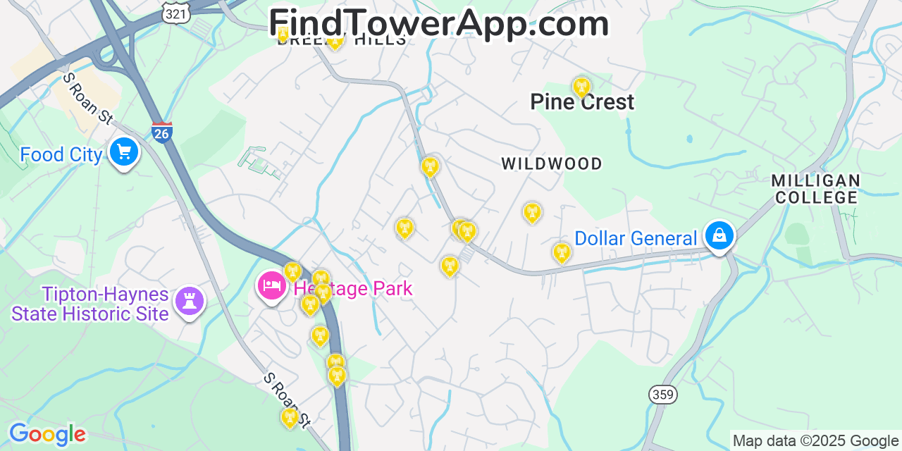 Map showing the 20 primary cell tower locations detected in Pine Crest, Tennessee from AT&T, Verizon, and T-Mobile networks