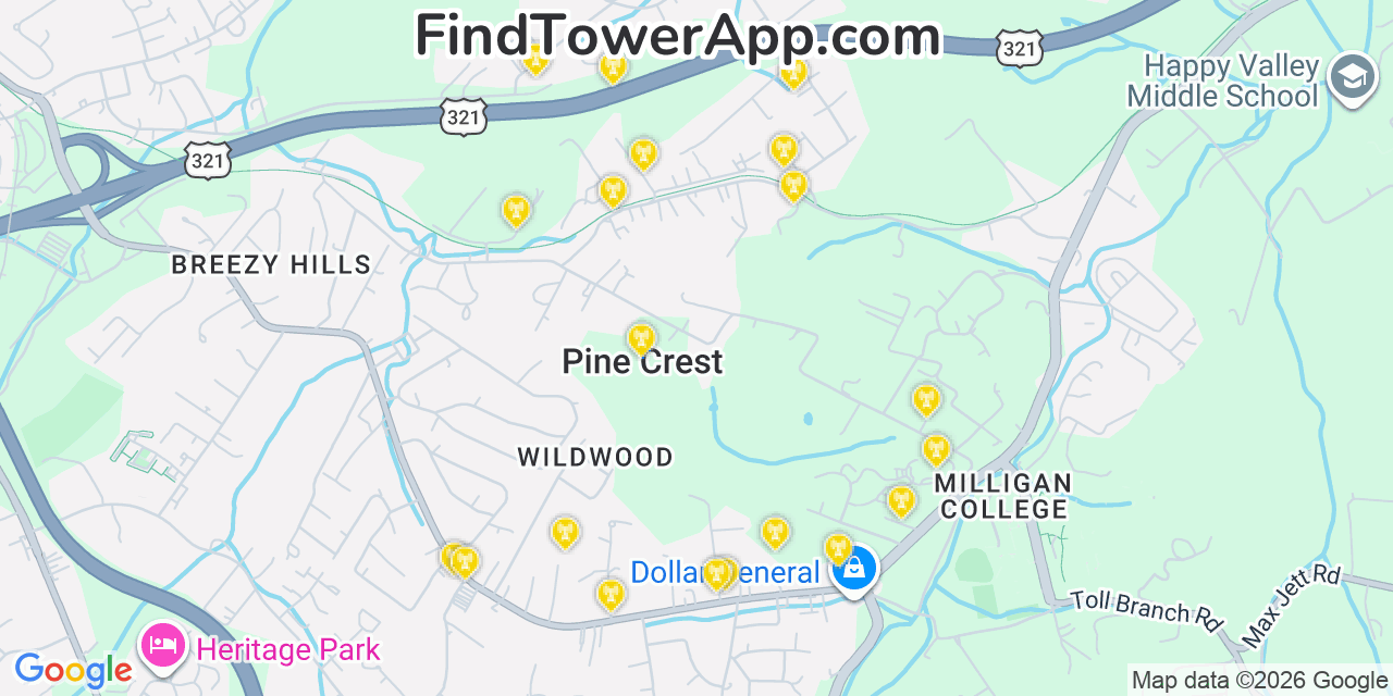 Map showing the 20 primary cell tower locations detected in Pine Crest, Tennessee from AT&T, Verizon, and T-Mobile networks