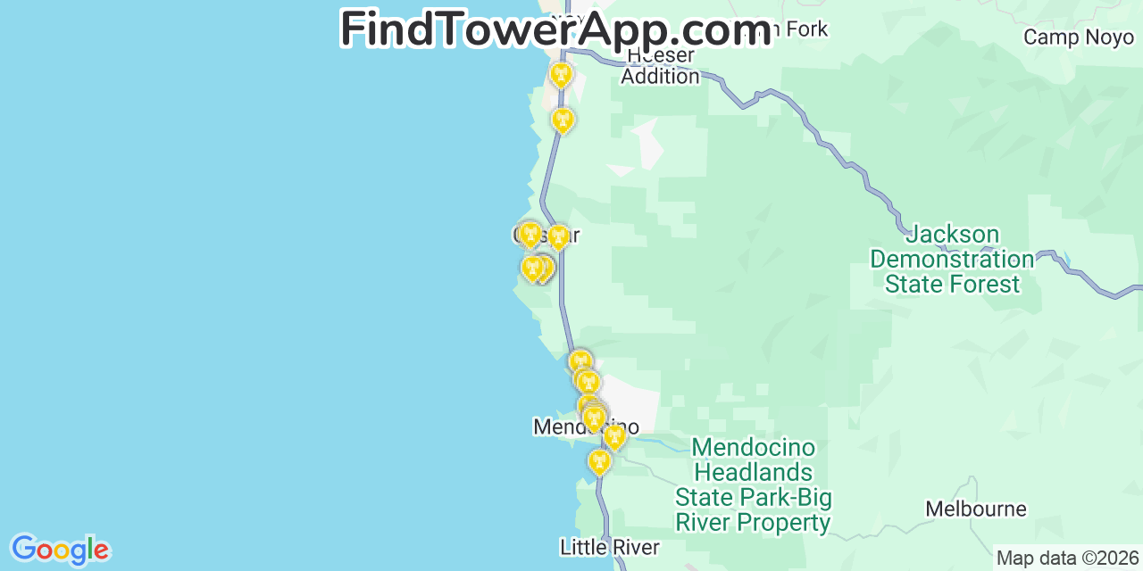 Map showing the 20 primary cell tower locations detected in Pine Grove, California from AT&T, Verizon, and T-Mobile networks