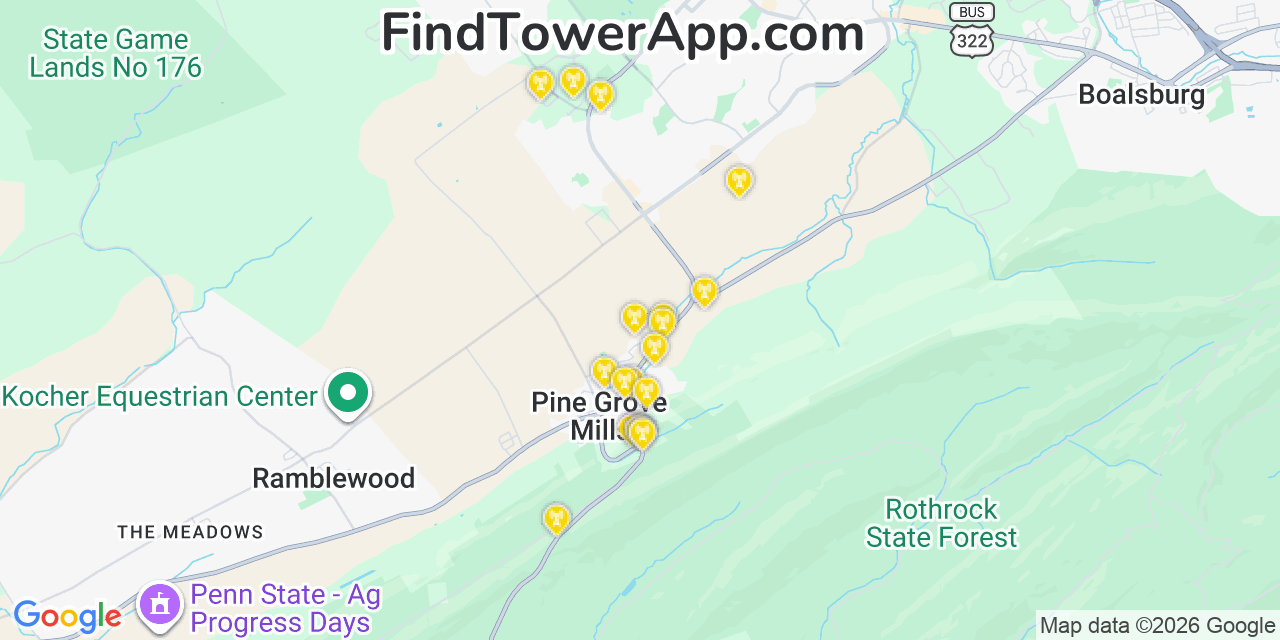 Map showing the 20 primary cell tower locations detected in Pine Grove Mills, Pennsylvania from AT&T, Verizon, and T-Mobile networks