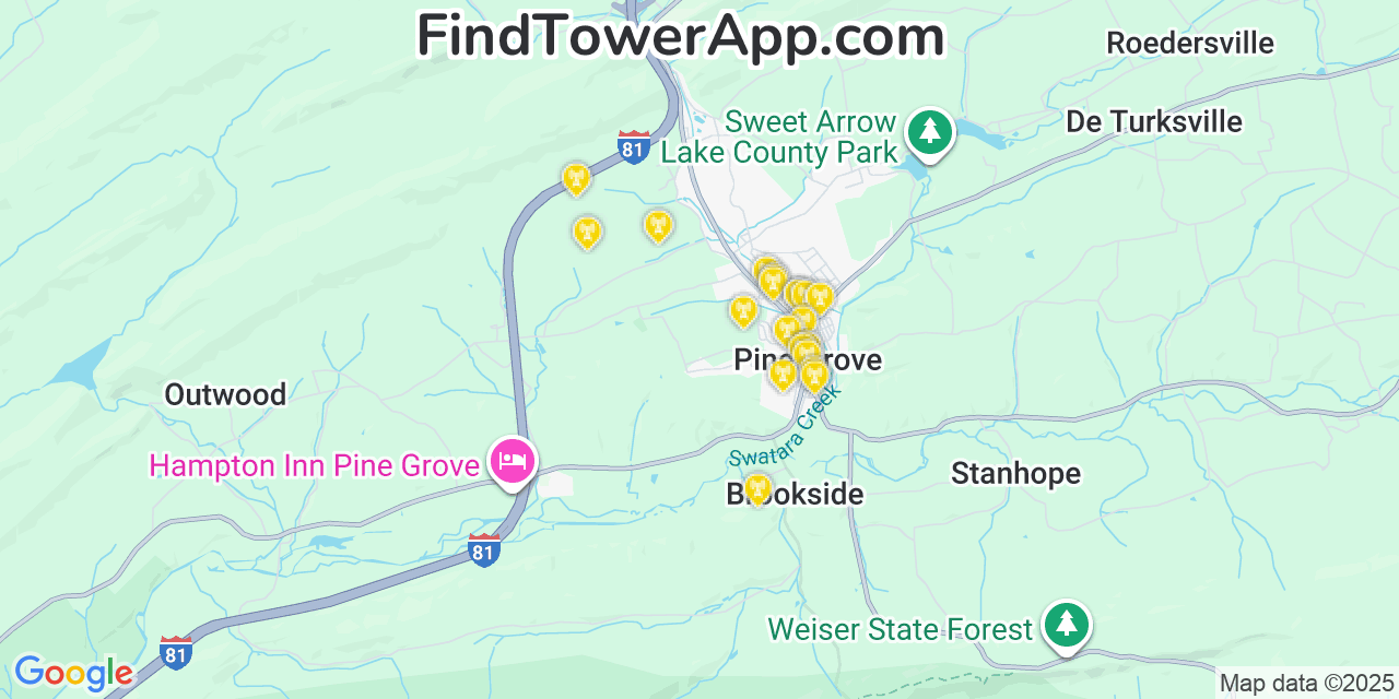 Map showing the 20 primary cell tower locations detected in Pine Grove, Pennsylvania from AT&T, Verizon, and T-Mobile networks