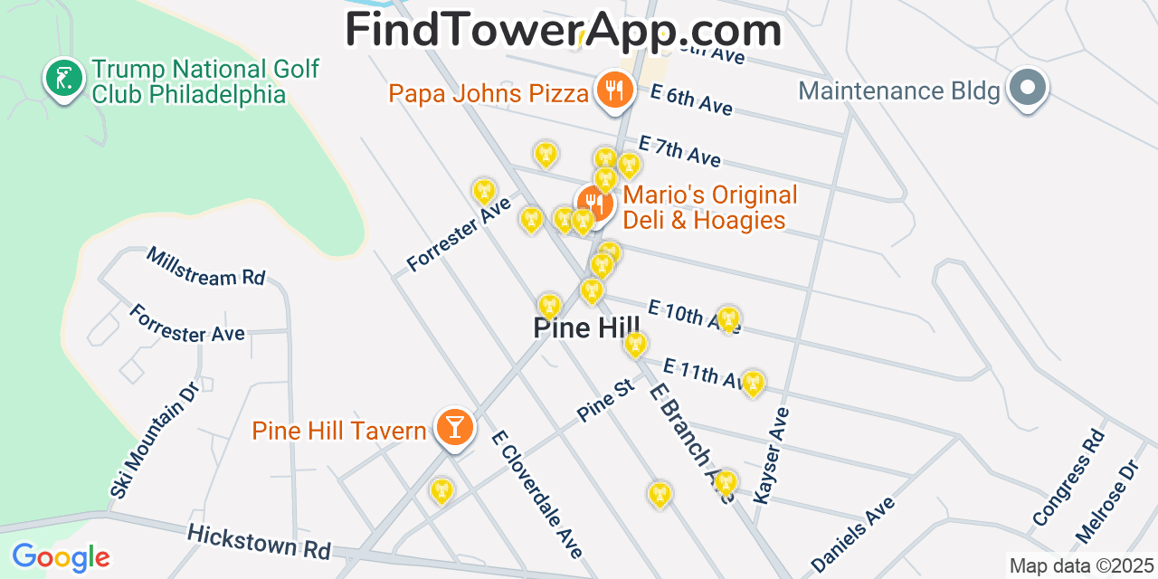 Map showing the 20 primary cell tower locations detected in Pine Hill, New Jersey from AT&T, Verizon, and T-Mobile networks