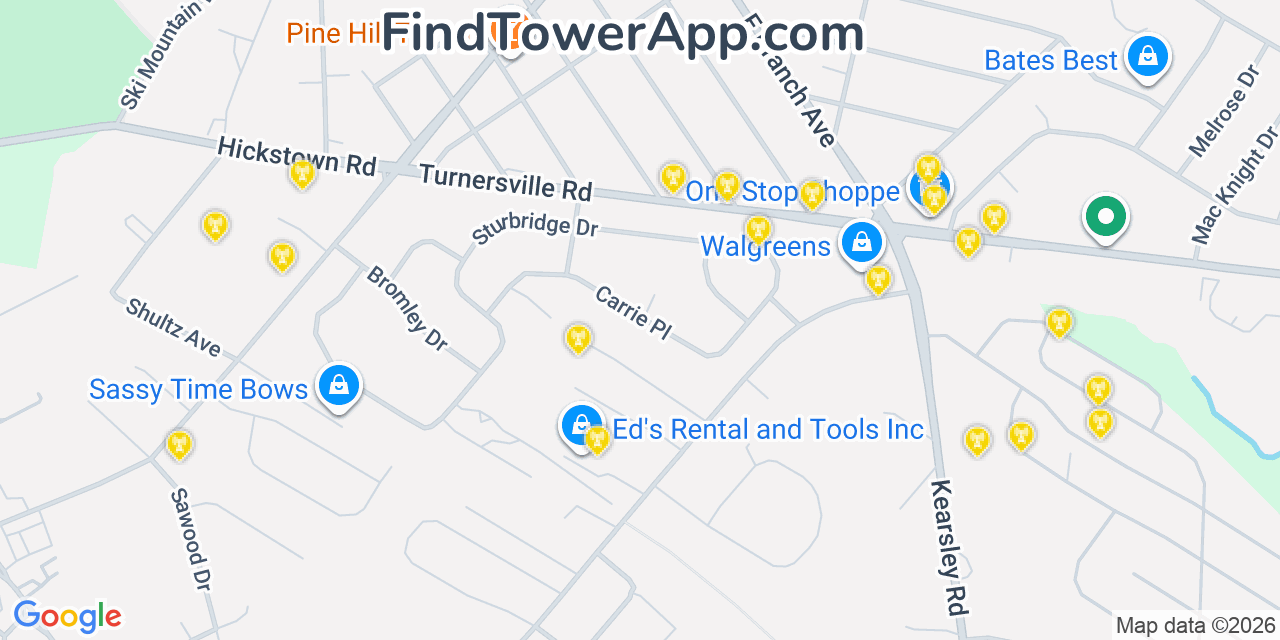 Map showing the 20 primary cell tower locations detected in Pine Hill, New Jersey from AT&T, Verizon, and T-Mobile networks