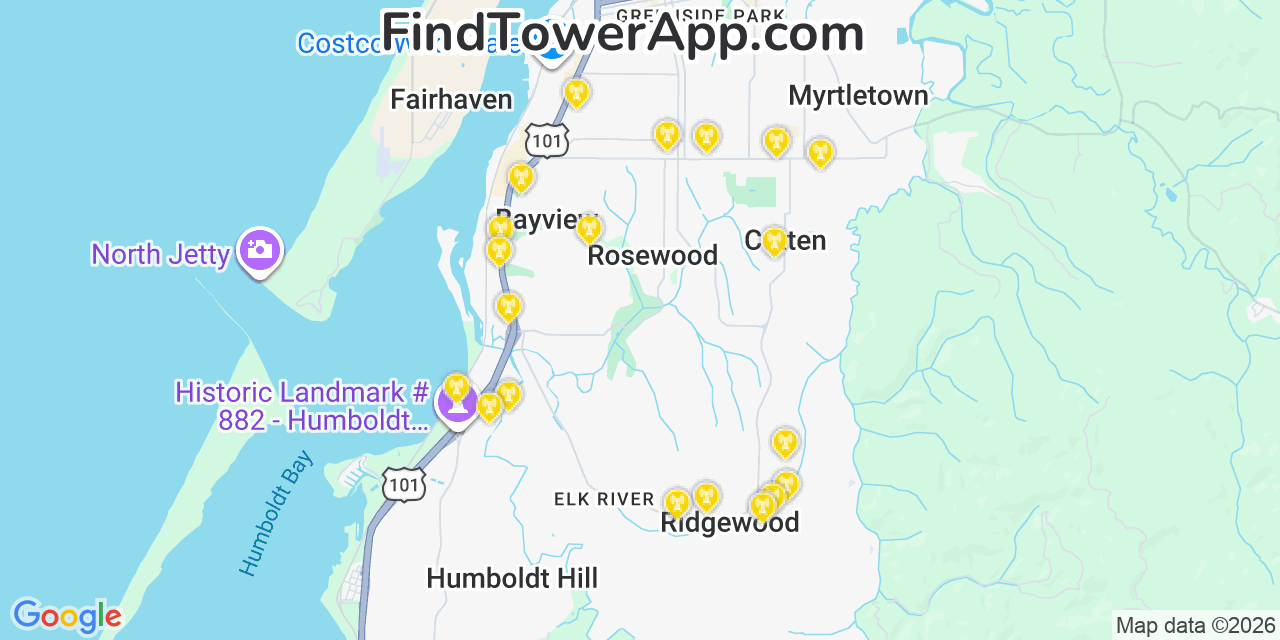Map showing the 20 primary cell tower locations detected in Pine Hills, California from AT&T, Verizon, and T-Mobile networks