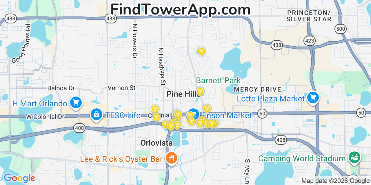 Map showing the 20 primary cell tower locations detected in Pine Hills, Florida from AT&T, Verizon, and T-Mobile networks