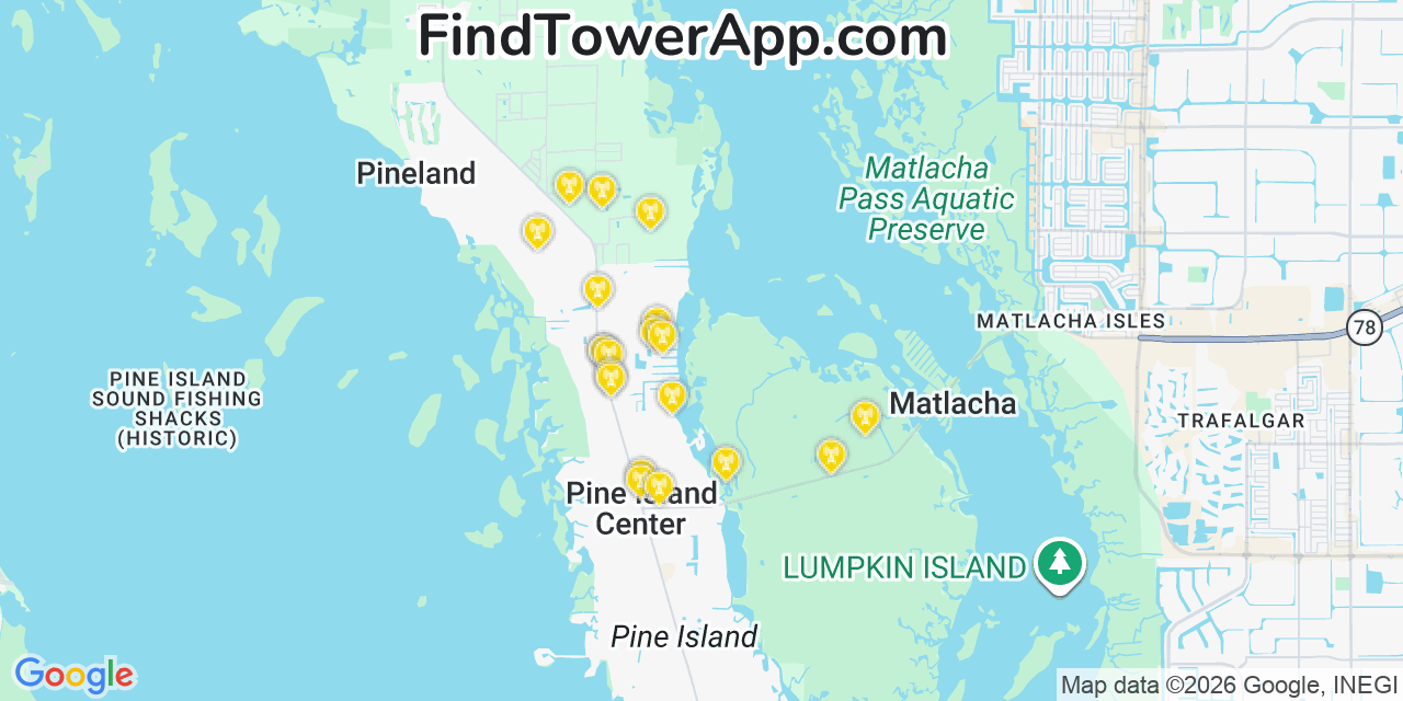 Map showing the 20 primary cell tower locations detected in Pine Island Center, Florida from AT&T, Verizon, and T-Mobile networks
