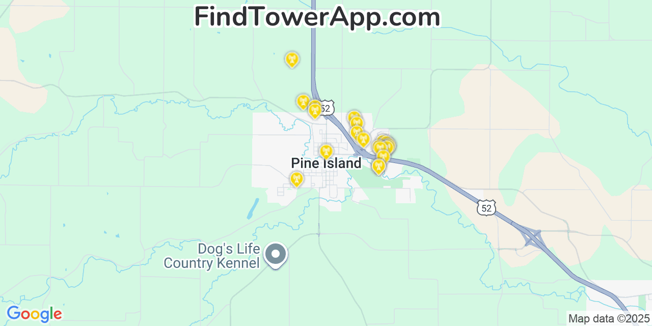 Map showing the 20 primary cell tower locations detected in Pine Island, Minnesota from AT&T, Verizon, and T-Mobile networks