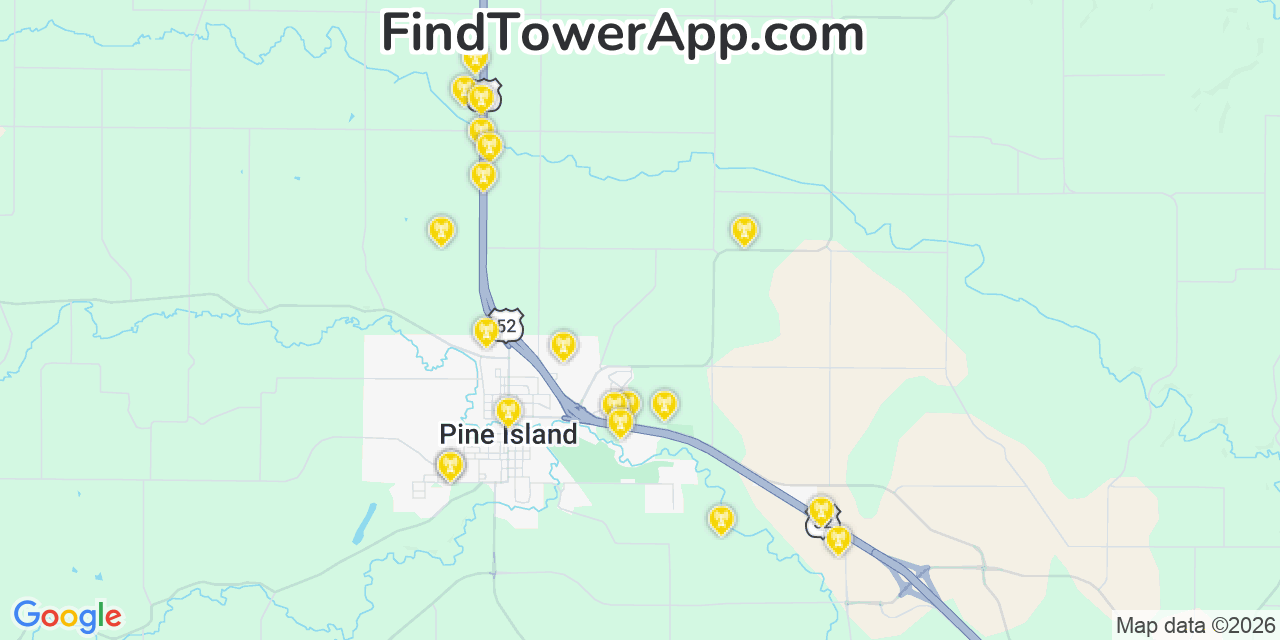 Map showing the 20 primary cell tower locations detected in Pine Island, Minnesota from AT&T, Verizon, and T-Mobile networks