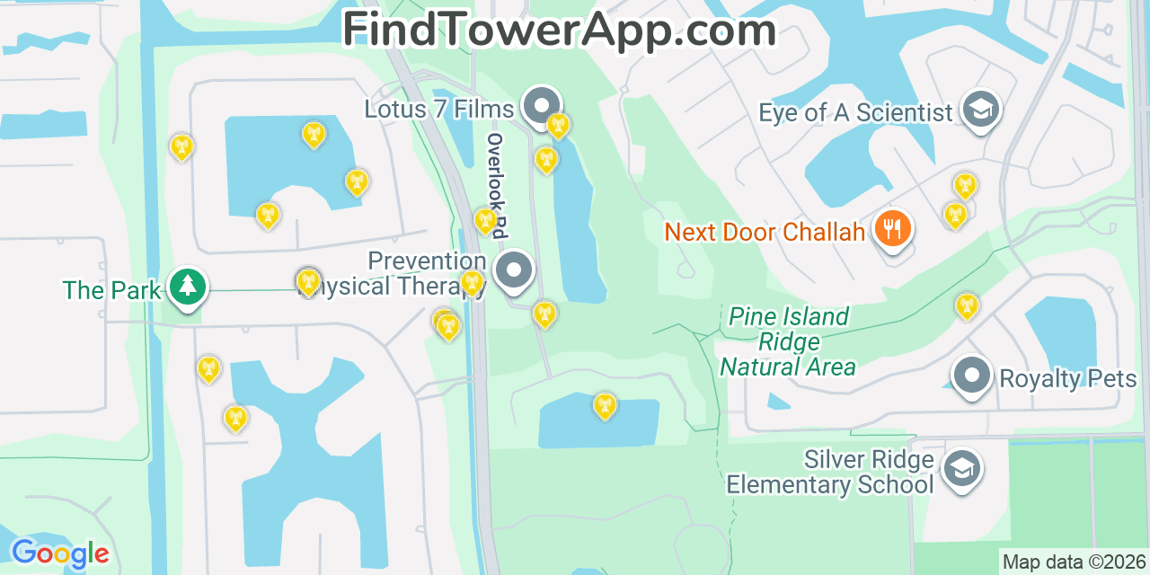 Map showing the 20 primary cell tower locations detected in Pine Island Ridge, Florida from AT&T, Verizon, and T-Mobile networks