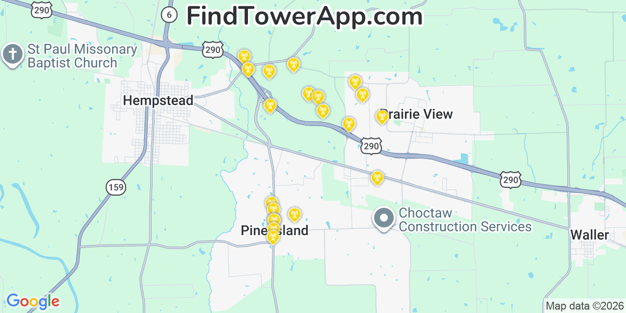 Map showing the 20 primary cell tower locations detected in Pine Island, Texas from AT&T, Verizon, and T-Mobile networks